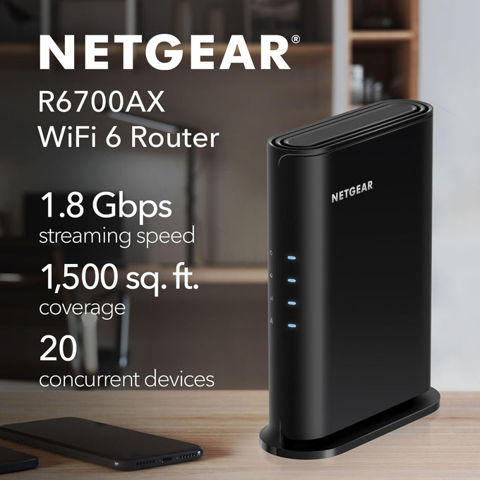 NETGEAR 4-Stream WiFi 6 Router (R6700AX) – Router Only, AX1800 Wireless Speed (Up to 1.8 Gbps), Covers up to 1,500 sq. ft., 20 Devices – Free Expert Help, Dual-Band