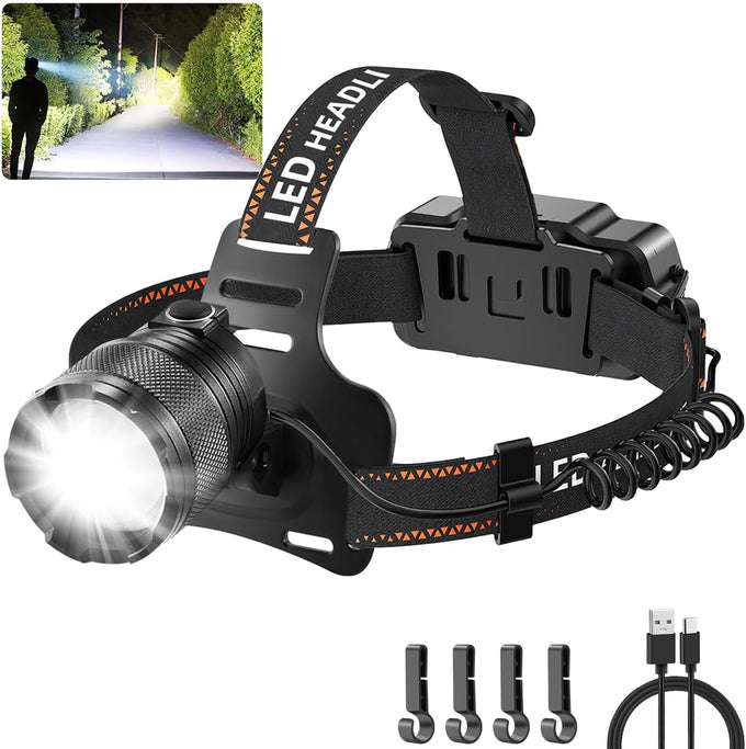 Super Bright Aluminum Headlamp, Rechargeable Headlamp High Lumen, 90° Adjustable Focus Head Lights for Forehead, Head Lamps LED Rechargeable, Waterproof Headlamps for Adults Camping Hard Hat