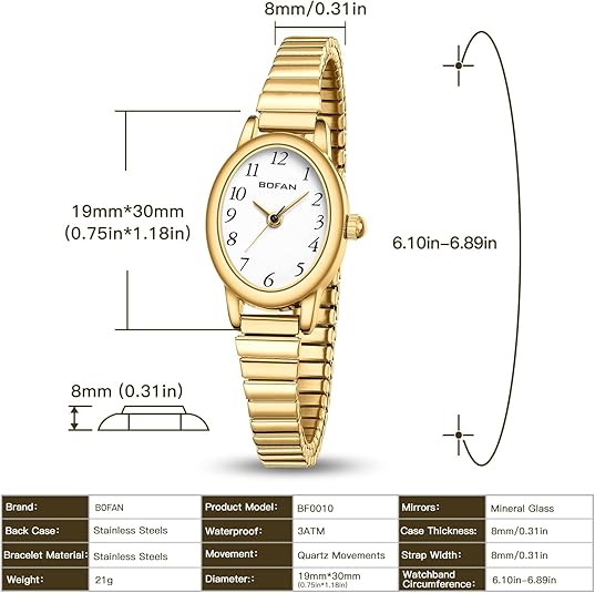 BOFAN Small Gold Watch for Women – Easy Read Quartz, Stainless Steel Expansion Band, Waterproof