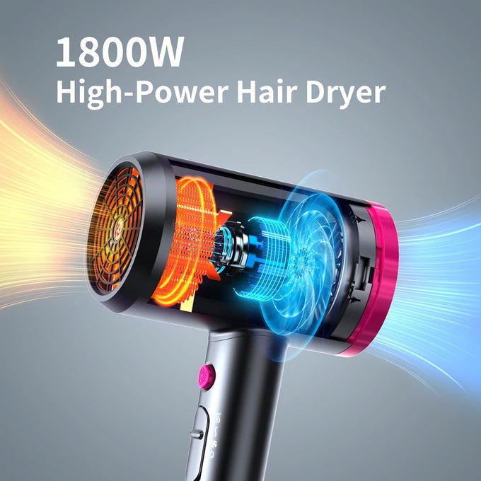 Ionic Hair Dryer with Diffuser, Powerful 1800W Blow Dryer for Women & Men, Fast-Drying Hair Dryer with Nozzle for Home, Salon, Travel