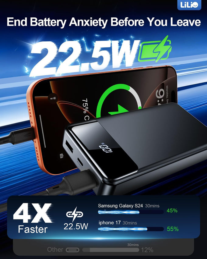 LILIO Portable Charger Power Bank，60,000mAh Battery Pack, 22.5W Power Bank Fast Charging with USB Cable, Phone Charger for iPhone 17/16/15/14/13 All Series/Samsung/Android, Camping Essentials, Black