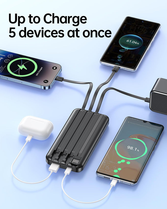 Portable Charger with Built in Cable - Power Bank Fast Charging USB C LED Display 10000mah Battery Pack 5 Outputs & 3 Inputs for Travel Essentials iPhone Samsung Android Phones Tablets Black