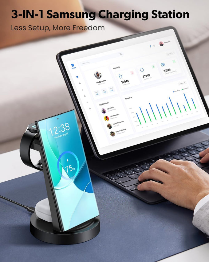 Wireless Charger for Samsung: 3 in 1 Wireless Charging Station for Samsung Galaxy Watch 8 7 6 5 4 3 Pro Classic Galaxy Buds - Charger Dock Stand for S25 S24 Ultra S23 S22 S21 Note Z Fold Android