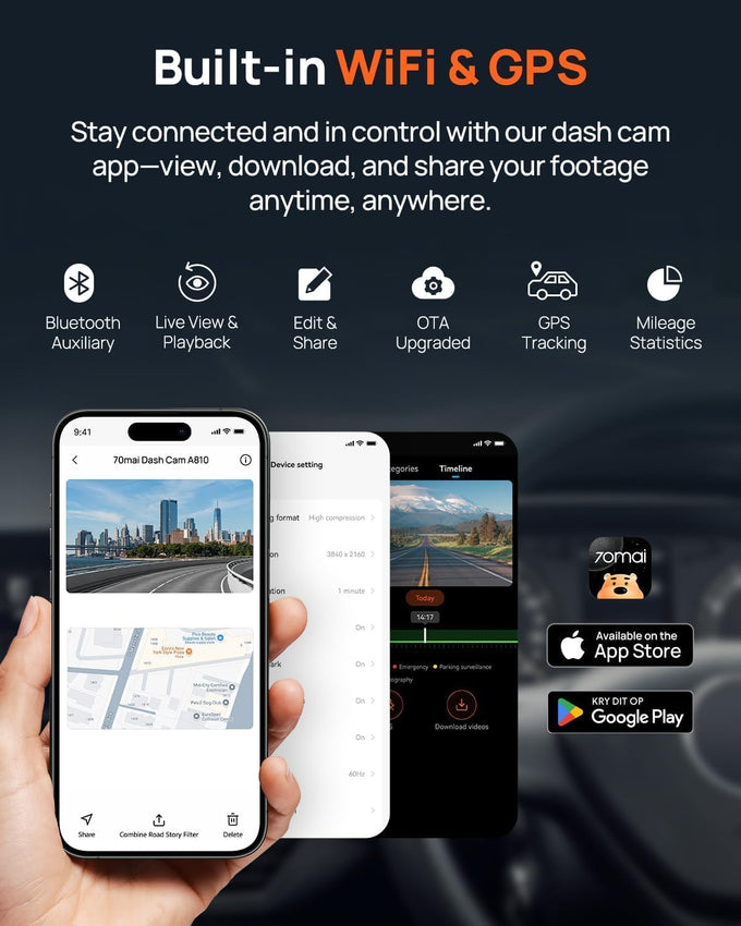 70mai A810S 4K Dual Dash Cam Front & Rear, STARVIS 2 HDR Super Night Vision, AI Motion Detection & 24/7 Parking, Built-in GPS, Wi-Fi & Optional 4G Remote Viewing, ADAS, Loop Recording, Time-Lapse