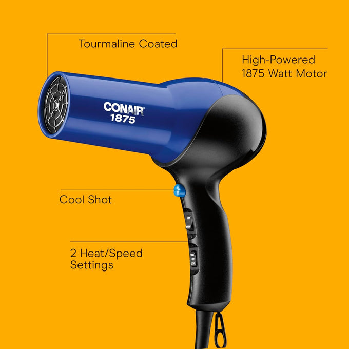 Conair Hair Dryer, 1875W Turbo Blow Dryer with Tourmaline Coating and Ionic Conditioning, Includes Diffuser and Concentrator Attachments, 2 Heat & 2 Speed Settings, Blue/Black
