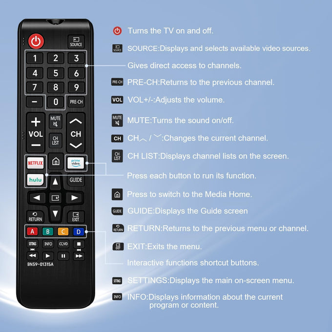 Universal Remote Control for Samsung Smart TV, Control Replacement fit for 4K UHD QLED HDTV LED TVs, with Hulu Netflix PrimeVideo Buttons