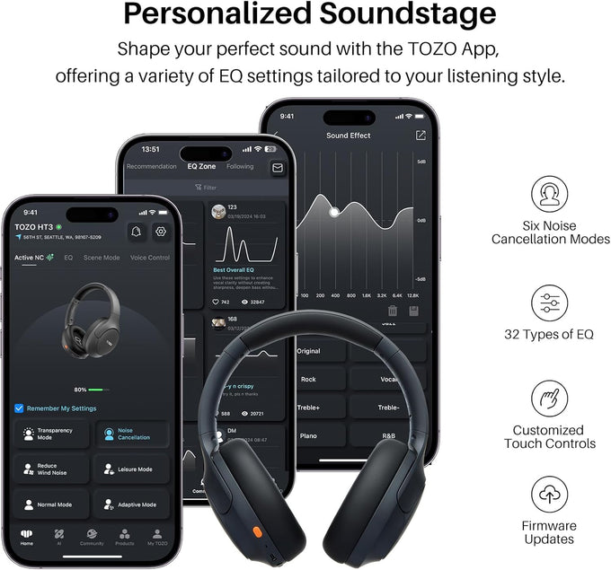 TOZO HT3 Hybrid Noise Cancelling Headphones, 90H Playtime Wireless Over Ear Bluetooth Headset, Spatial Audio AI Chat with 5 Mics, Supports Dual Connection and USB-C Input, with 32 EQ Music Modes