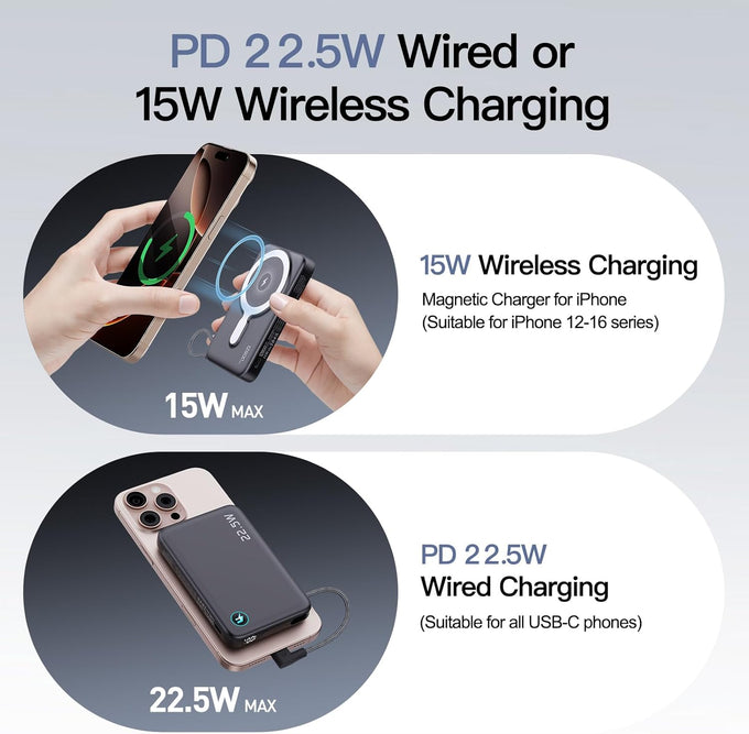 2026 Updated M3 Ultra Slim 0.4'' Wireless Power Bank, 12800mAh Magnetic Portable Charger with Built in Cable and Strap, LED Battery Pack Travel Essentials for iPhone 17/16/15/14/13/12/Pro Max Andriod