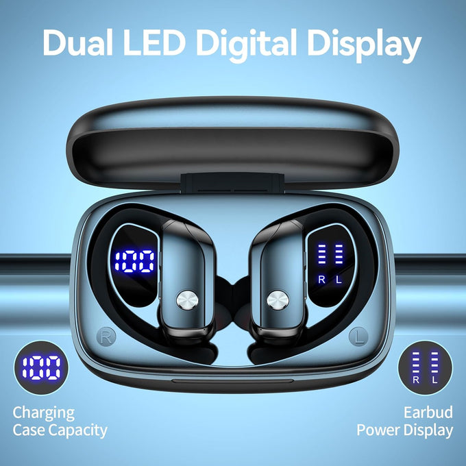 bmani Ear Buds Wireless Earbuds Bluetooth Headphones with 80H Playtime LED Display Case, Over-Ear Hook with Mic, Stereo Sound, Easy Button Controls, Sports Earphones for Running Workout Gym Black