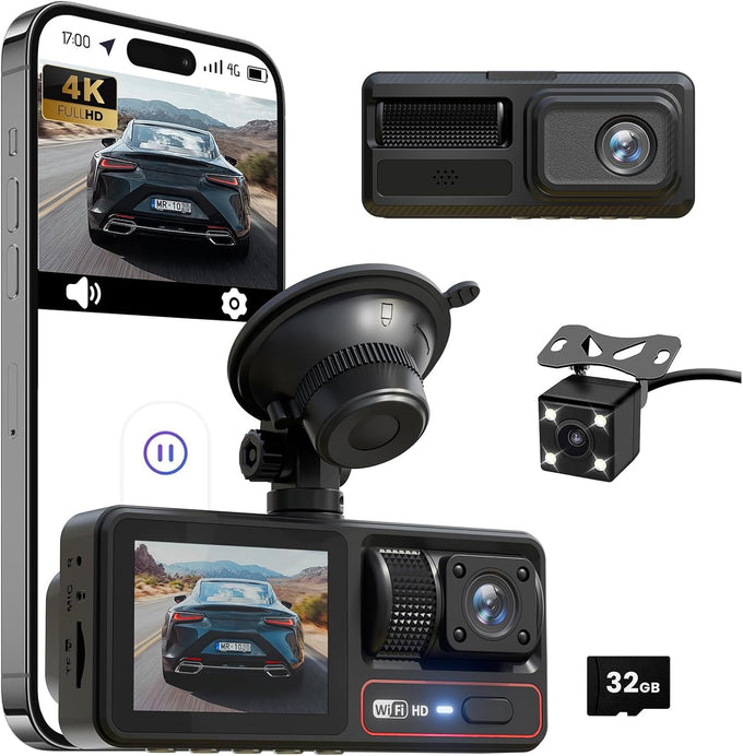 3 Channel Dash Camera for Cars,Triple Lens 4K+1080P+1080P Dash Cam Front Rear Inside,Built-in 5G WiFi & App, Night Vision,24H Parking Mode,Loop Recording,170° Wide Angle,32GB Card Included(Black)