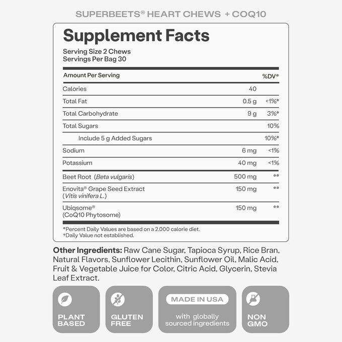 HumanN SuperBeets 3-in-1 Heart Chews with CoQ10 and Beetroot
