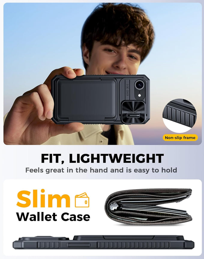 for iPhone 17e Case/iPhone 16e Case Wallet, Built-in Card Holder (4-5 Cards), RFID Blocking,Camera Control Button, Slide Camera Cover, Shockproof Rugged Phone Case for iPhone 17e/16e, Black