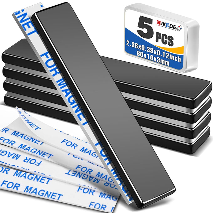 MIKEDE Neodymium Magnets, 5 Pack Black Super Strong Magnets Bar, Waterproof Heavy Duty Magnet with Adhesive Backing, Rare Earth Small Magnet Strips for Fridge, DIY, Craft, Science - 60x10x3 mm