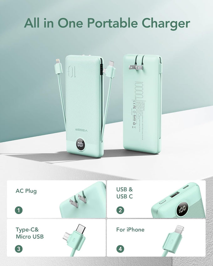 VEGER Portable Charger with Built-in AC Plug and Cables, All in One 10000mAh Ultra Slim Power Bank Travel Essentials, 15W Fast Charging Battery Pack Compatible with iPhone, Samsung, Android (Green)