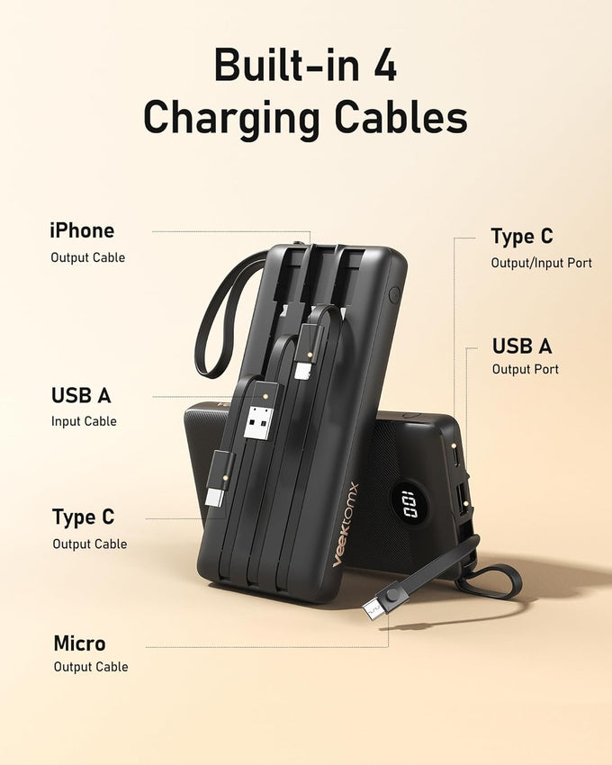VEEKTOMX 10000mAh Portable Charger with Built-In Cables – Fast USB-C Power Bank for iPhone & Samsung