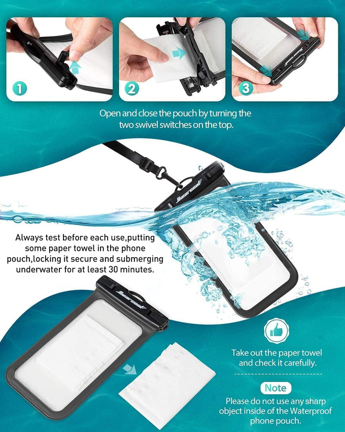 Hiearcool Waterproof Phone Pouch, IPX8 Waterproof Phone Case for iPhone 17/16/15/14 Pro Max, Cell Phone Dry Bag for Beach & Cruise Essentials, Touch Screen, Lanyard Included, 2 Pack (Fits Up to 8.3”)