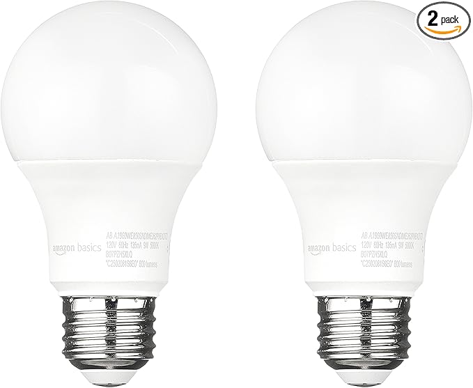 Basics A19 Dusk to Dawn Sensor LED Outdoor Light Bulb, 60W Equivalent, Energy-Efficient 9W, Daylight 5000K, E26 Base, 10,000 Hours, 2 Count (Pack of 1)