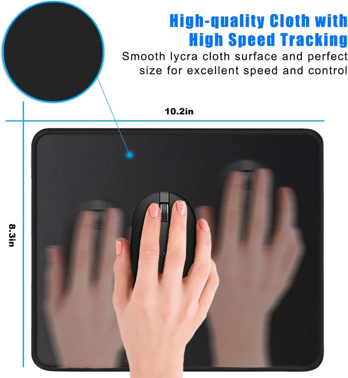 JIKIOU Mouse Pad with Non-Slip Rubber Base, Premium-Textured & Washable Computer Mousepad with Stitched Edges, Mouse Pads for Computers, Laptop, Gaming, Office & Home, 10.2 x 8.3 in, Black