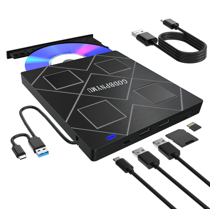 5-in-1 Extemal CD/DVD Drive for Laptop,USB 3.0 & Type-C Portable CD/DvD Rw Burner with SD/TF Card Reader &DVD-ROM Rewritable Player，Compatible with Laptop Pc Desktop, Windows11/10/8/7 Linux Mac os
