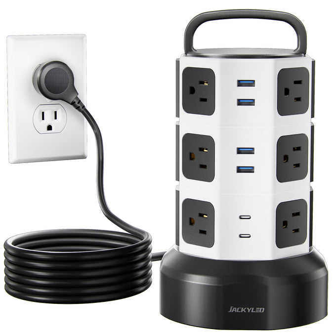 Power Strip Tower JACKYLED Surge Protector Electric Charging Station with 13A 12 Outlets 6 USB Ports Heavy Duty Extension Cord for Home Office Computer Nightstand Laptop Phone White Black