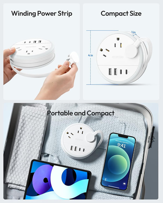 NTONPOWER Travel Power Strip, Travel Essentials, Cruise Essentials 3 Outlets 4 USB Ports(2 USB C), 4FT Wrapped Around Extension Cord for Travel Cruise Ship Beach Vacation Essentials White