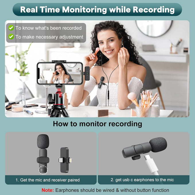 MAYBESTA Wireless Mini Microphone for iPhone, Android Phone - Bluetooth Lavalier Lapel Mic for Audio Video Recording - Clip on Content Creator Microphones for YouTube Tiktok Podcast Vlogging