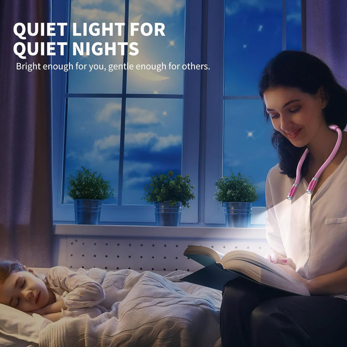 LUXJET Neck Reading Light & Book Light for Reading in Bed - Hands Free, 3 Colors & 6 Brightness Levels, 360° Flexible Arms, 80-Hour Rechargeable - Reading, Knitting, Camping, Repairing