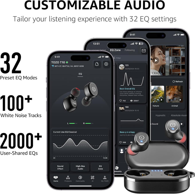 TOZO T10 Wireless Earbuds Bluetooth 5.3 Headphones, App Customize EQ, Ergonomic Design, 55H Playtime, Wireless Charging Case, IPX8 Waterproof Sound in-Ear Headset, New Version
