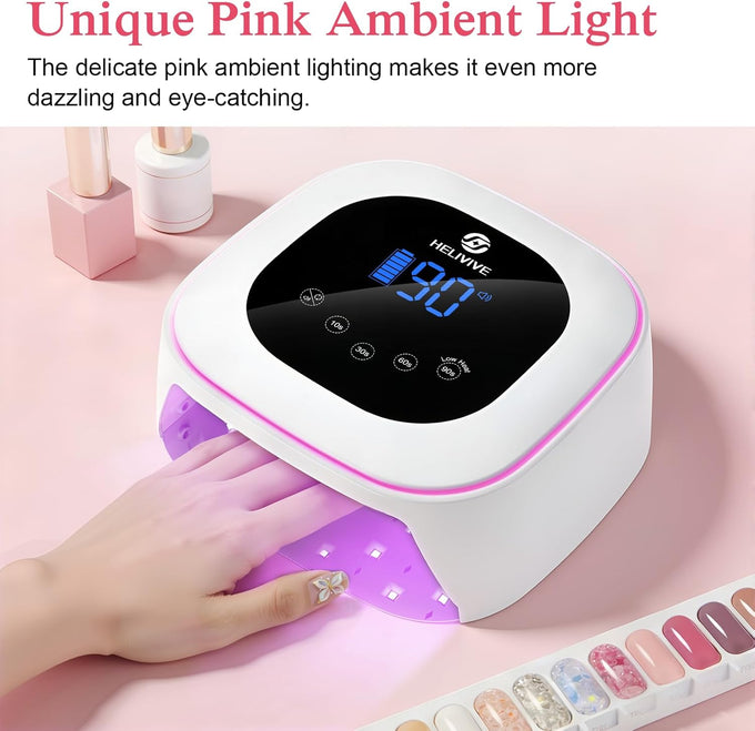 Cordless UV LED Nail Lamp, 80W Rechargeable Nail Dryer with 4 Timers, Atmosphere Light & Mirror Base, UV Light for All Gel Nails, Ideal for Training,Nail Art Practice,Home & Salon Use (White)