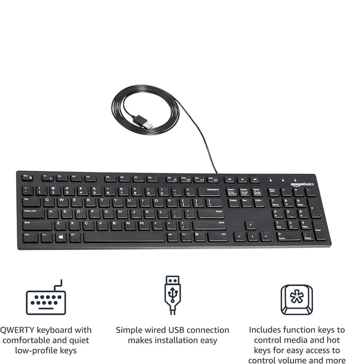 Wired QWERTY Keyboard, Full-Sized, Black