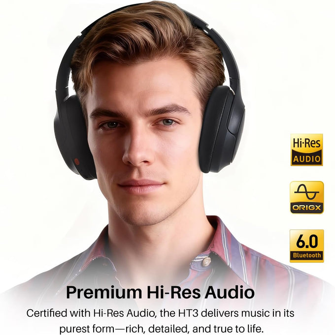 TOZO HT3 Hybrid Noise Cancelling Headphones, 90H Playtime Wireless Over Ear Bluetooth Headset, Spatial Audio AI Chat with 5 Mics, Supports Dual Connection and USB-C Input, with 32 EQ Music Modes