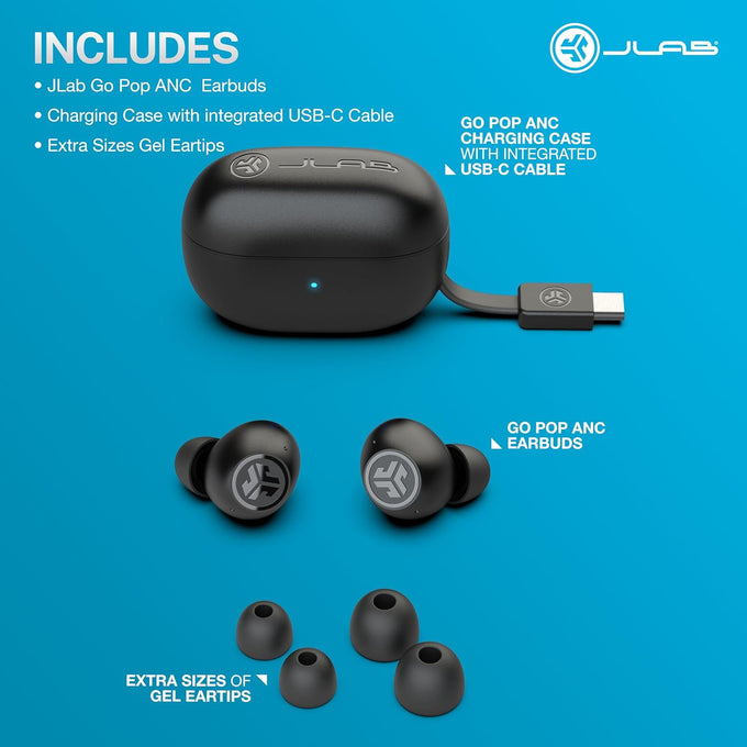JLab Go Pop ANC True Wireless Earbuds & Charging Case, Black, Active Noise Cancelling, 10mm Drivers, Dual Connect, Customize Your Sound with App, Be Aware Mode, Compact Fit, MEMS Microphone