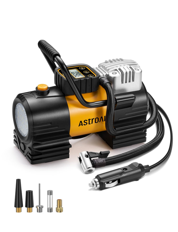 AstroAI Tire Inflator Portable Air Compressor (Up to 150 PSI) Tire Pump for Car 12V DC Digital Air Pump with 12 LEDs Super Bright Light for Bicycle, Motorcycle, Automotive Car Accessories