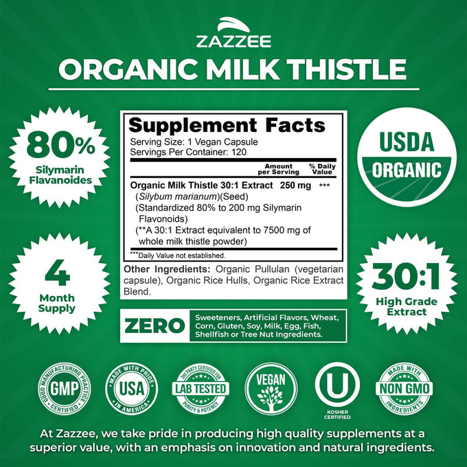 Zazzee USDA Organic Milk Thistle 30:1 Extract, 80% Silymarin, 120 Vegan Capsules, 4 Month Supply, Certified Kosher, High Potency Liver & Antioxidant Support, Silybum Marianum, Non-GMO, Made in the USA