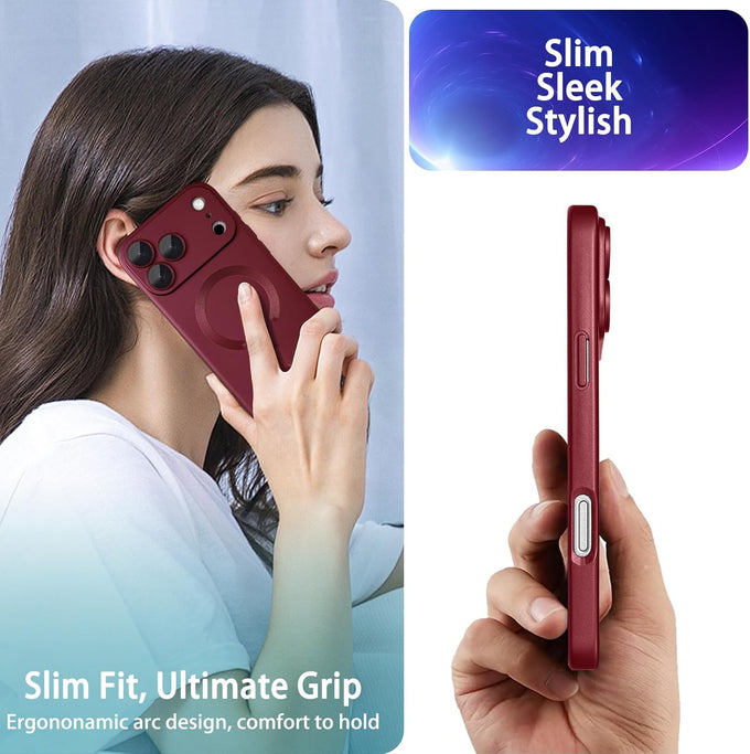 Magnetic for iPhone 17 Pro Max Case, with Camera Lens Protector, Compatible with Magnetic, Slim Shockproof Bumper Soft Silicone Metallic Luster Phone Case for iPhone 17 Pro Max, Wine Red