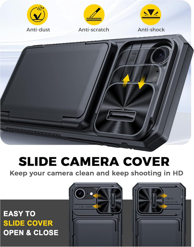 for iPhone 17e Case/iPhone 16e Case Wallet, Built-in Card Holder (4-5 Cards), RFID Blocking,Camera Control Button, Slide Camera Cover, Shockproof Rugged Phone Case for iPhone 17e/16e, Black