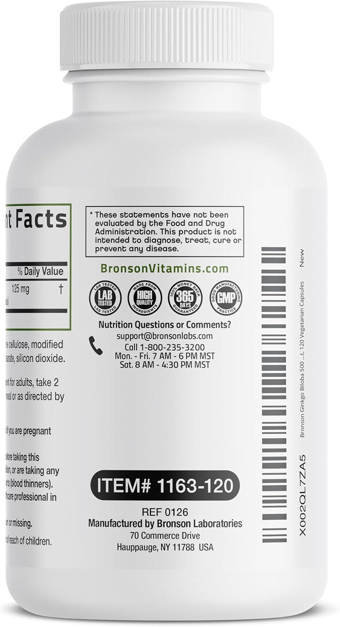 Bronson Ginkgo Biloba Extra Strength Supports Brain Function & Memory Support, 120 Vegetarian Capsules
