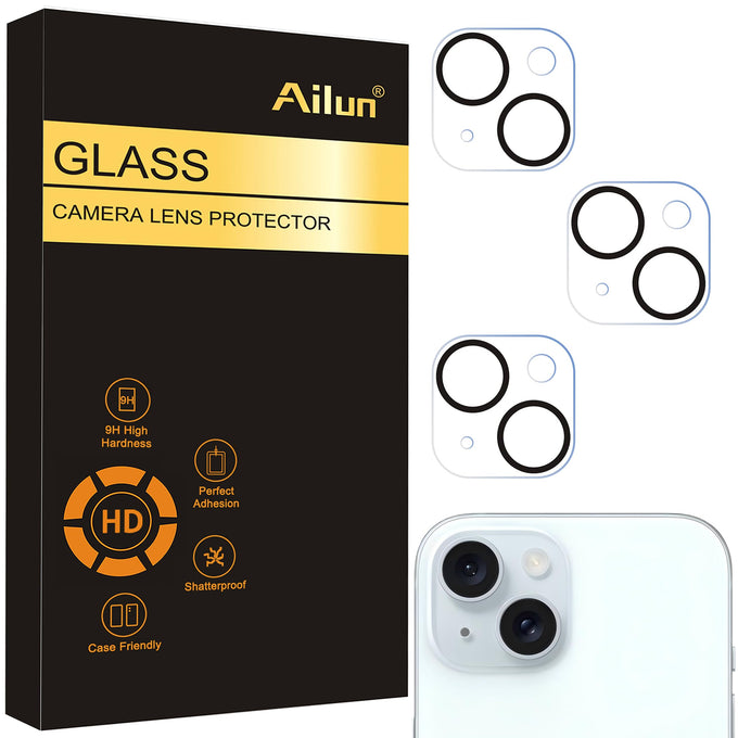 Ailun 3 Pack Camera Lens Protector for iPhone 15 / iPhone 14 ＆ iPhone 15 Plus/iPhone 14 Plus,Tempered Glass,9H Hardness,Ultra HD,Anti-Scratch,Case Friendly,Does not Affect Night Shots