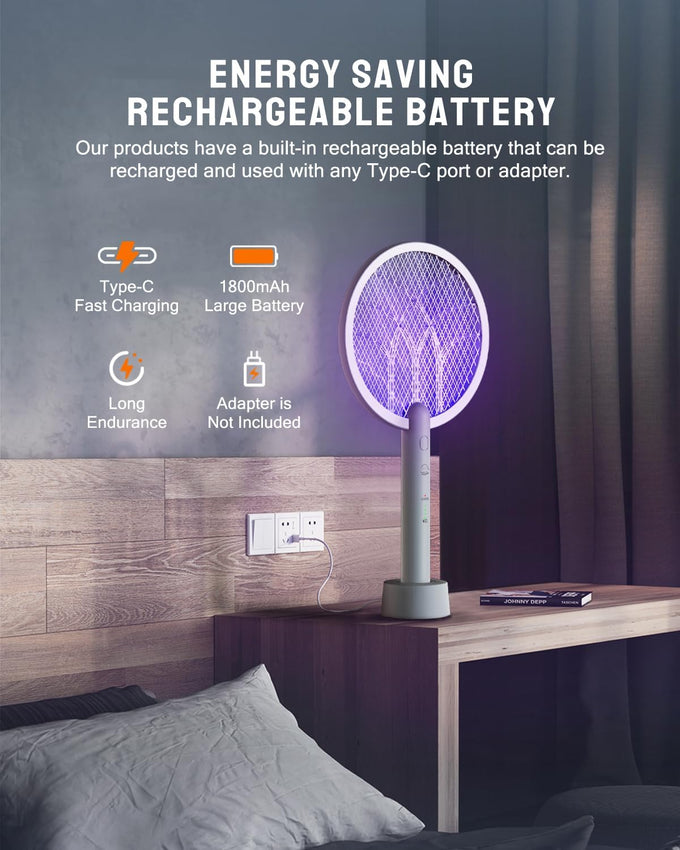 Electric Fly Swatter Racket, 4000V Bug Zapper with 1800mah Rechargeable Battery & Dual Modes, 2 in 1 Purple Mosquito Light Killer with 3-Layer Safety Mesh for Indoor Home Patio Camp(1 Pack)