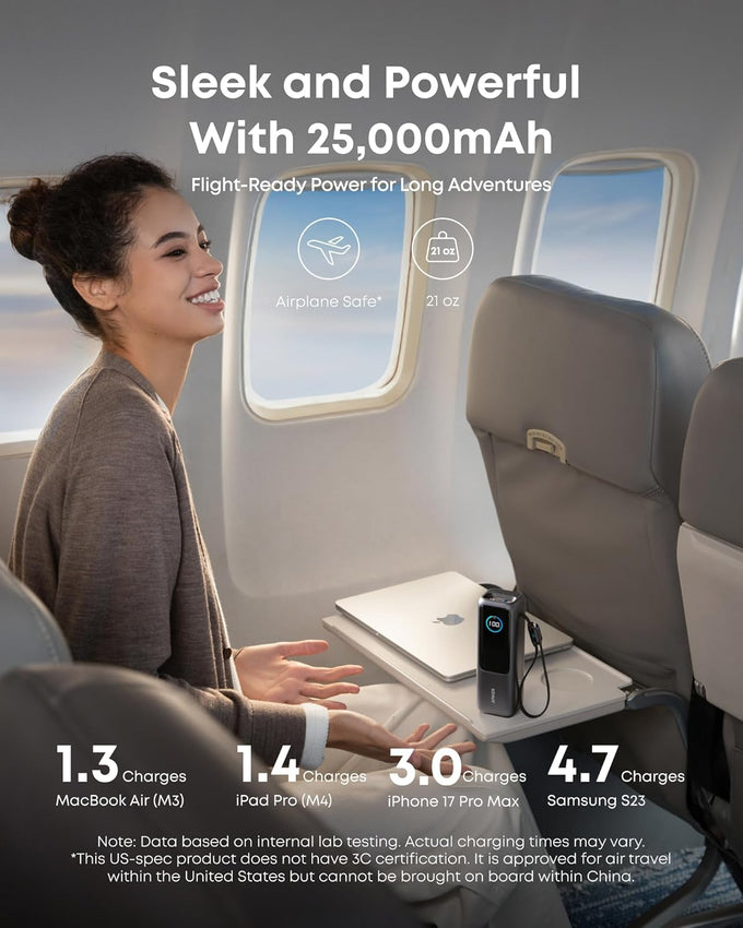 Anker Laptop Power Bank, 25,000mAh Portable Charger with Triple 100W USB-C Ports, Built-in Retractable Cables, Flight-Approved for Travel, iPhone 17/16 Series, MacBook, Samsung, and More