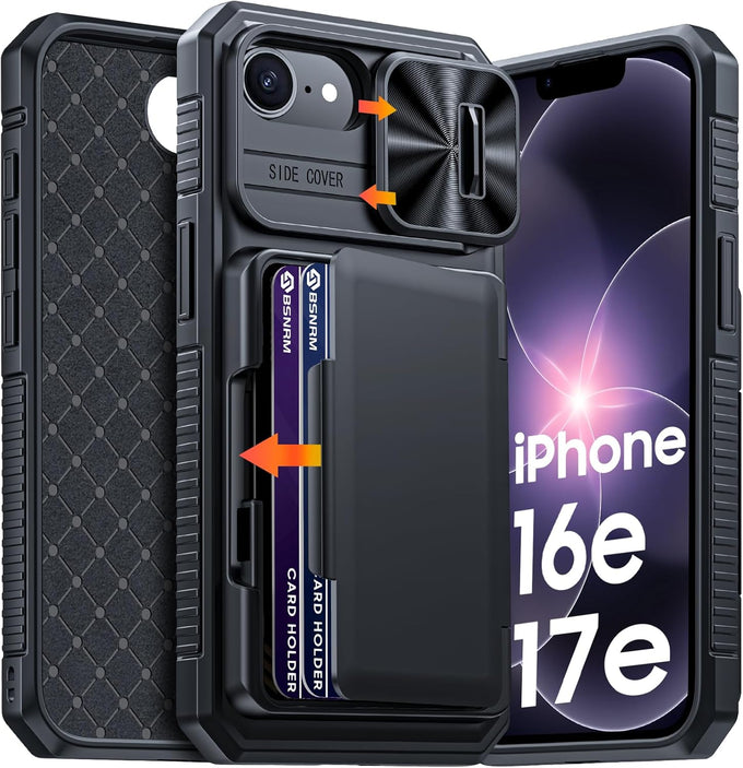 for iPhone 17e Case/iPhone 16e Case Wallet, Built-in Card Holder (4-5 Cards), RFID Blocking,Camera Control Button, Slide Camera Cover, Shockproof Rugged Phone Case for iPhone 17e/16e, Black