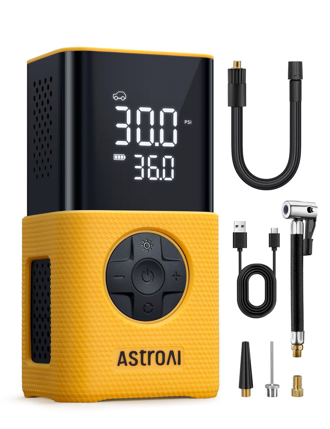 AstroAI Tire Inflator L7S Portable Air Compressor Cordless Bike Air Pump with Digital Dual Values Display, 150 PSI Car Tires Pump with LED Lights Air Pump for Auto, Motorcycles, Bikes, Balls