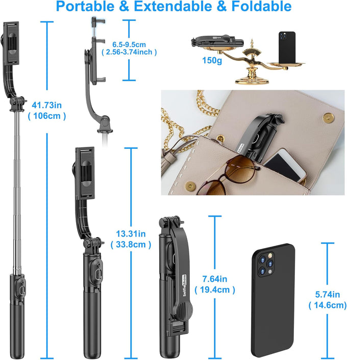 SelfieShow Extendable Selfie Stick Tripod – Wireless Remote, Portable & Lightweight for iPhone & Samsung