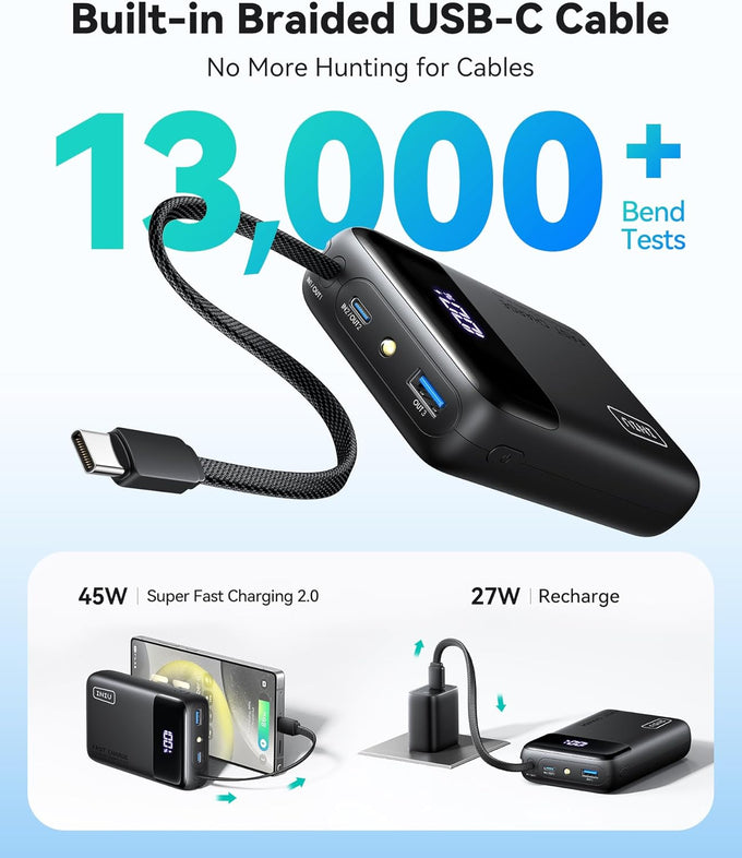 INIU 45W Portable Charger, Smallest 20000mAh Power Bank with Build in USB-C Cable, Fast Charging USB C in&Out Battery Pack, Travel Phone Charger for iPhone 17 16 15 Air Samsung S25 S24 Google iPad etc