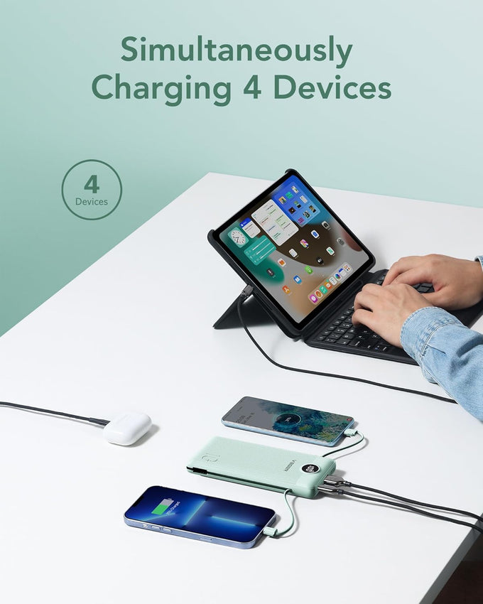 VEGER Portable Charger with Built-in AC Plug and Cables, All in One 10000mAh Ultra Slim Power Bank Travel Essentials, 15W Fast Charging Battery Pack Compatible with iPhone, Samsung, Android (Green)