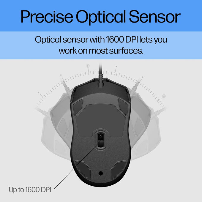 HP Wired Mouse 100 - Precise Optical Sensor with 1600 DPI - Easy USB Connection - Ambidextrous Design - 3 Button Control & Built-in Scrolling - Multi-OS Compatible (6VY96AA#ABL)