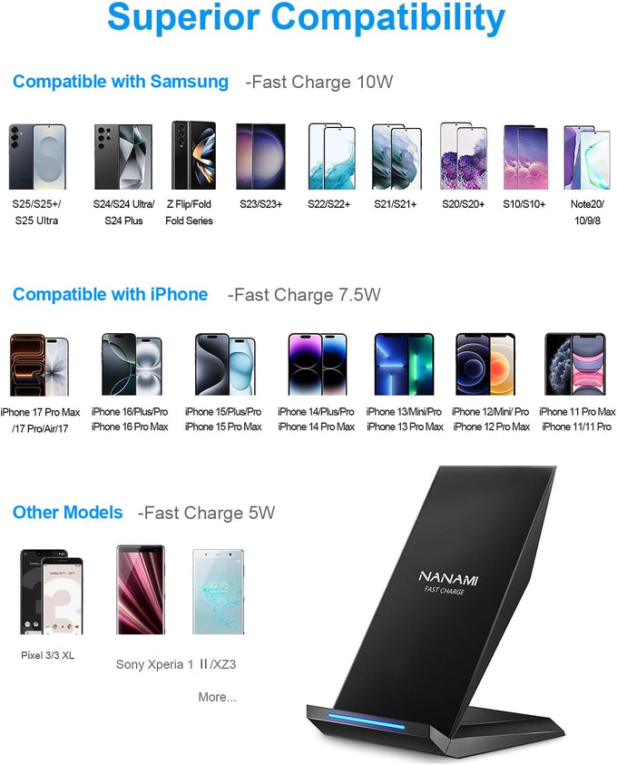 NANAMI 15W Fast Wireless Charger Stand – Qi Certified Charging Dock for iPhone & Samsung Galaxy