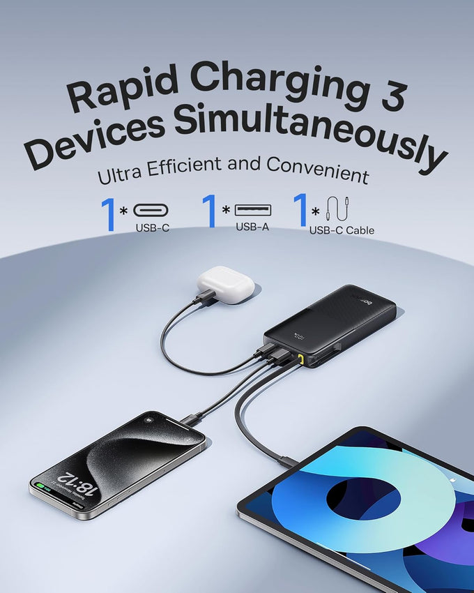 Baseus Portable Charger, 10000mAh Fast Charging Power Bank, 22.5W PD3.0 QC3.0 Battery Pack Built-in USB C Braided Cable, Travel Essentials for iPhone 17 16 15, iPad, S25/S24, Indoor/Outdoor