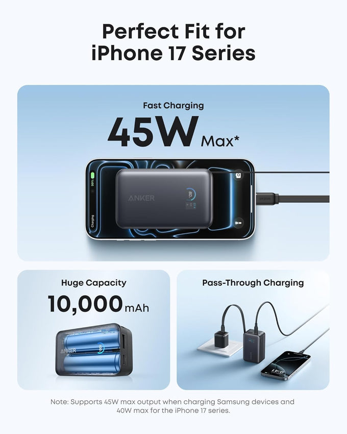 Anker Nano Portable Charger, 10,000mAh 45W Max Compact Power Bank, Travel Essential Phone Battery Pack with 2.3 ft InstaCord Retractable Cable for iPhone 17/16 Series, iPad, Galaxy, Pixel, and More