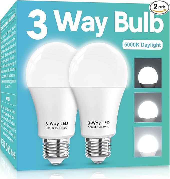 3 Way LED Light Bulbs 50 100 150W Equivalent, Daylight White 5000K 3 Way Light Bulbs, A19 Three Way Light Bulb,E26 Base LED Light Bulb for Reading,Living Room-2 Pack